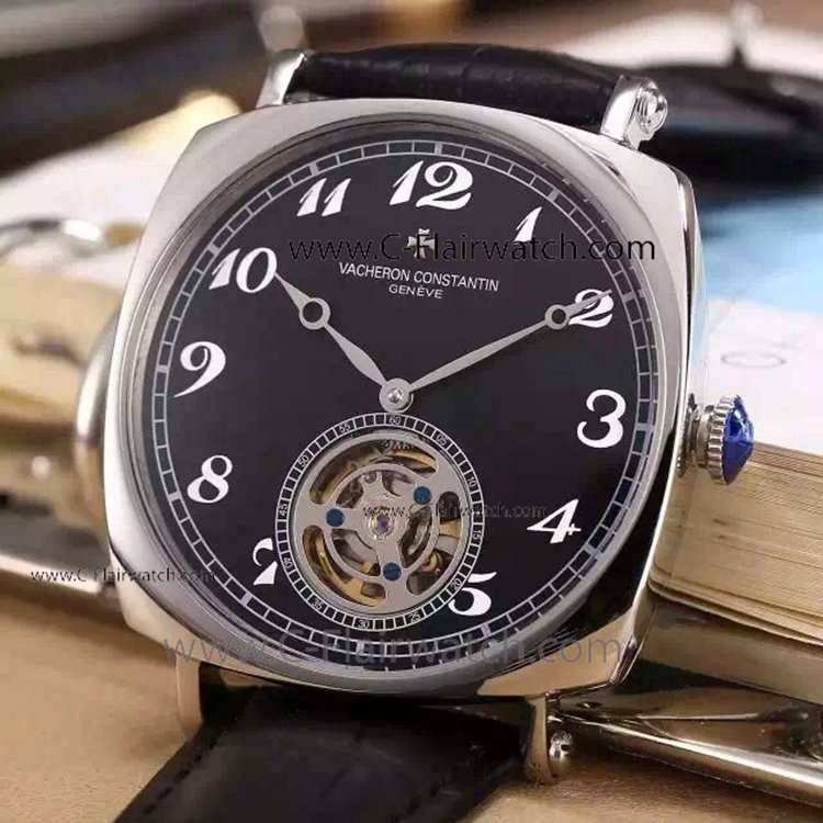 Fake Vacheron Constantin SS Black Dial Tourbillon Watch